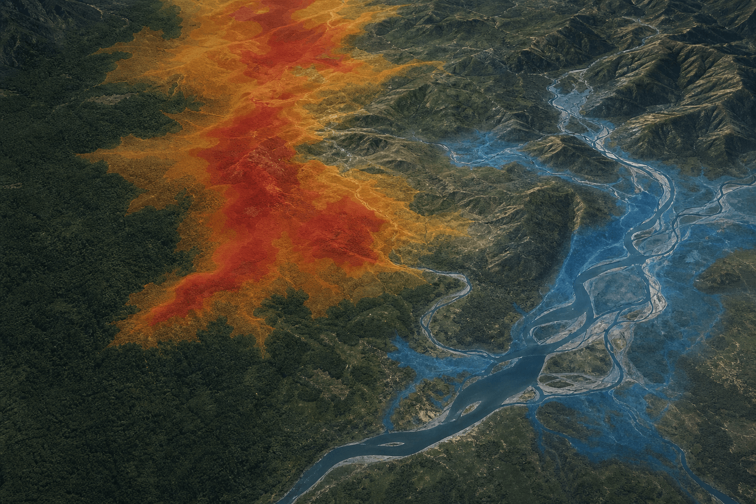 Territoire naturel vu du ciel avec zones de prédiction de risque