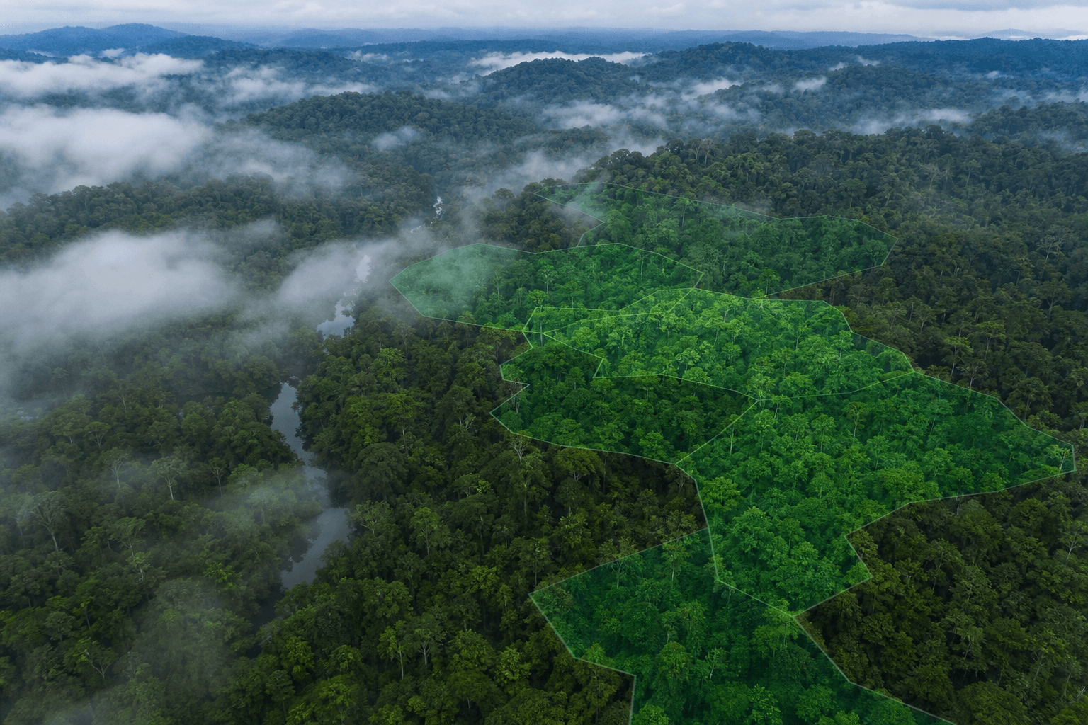 Tropical forest canopy with carbon-mapping overlays