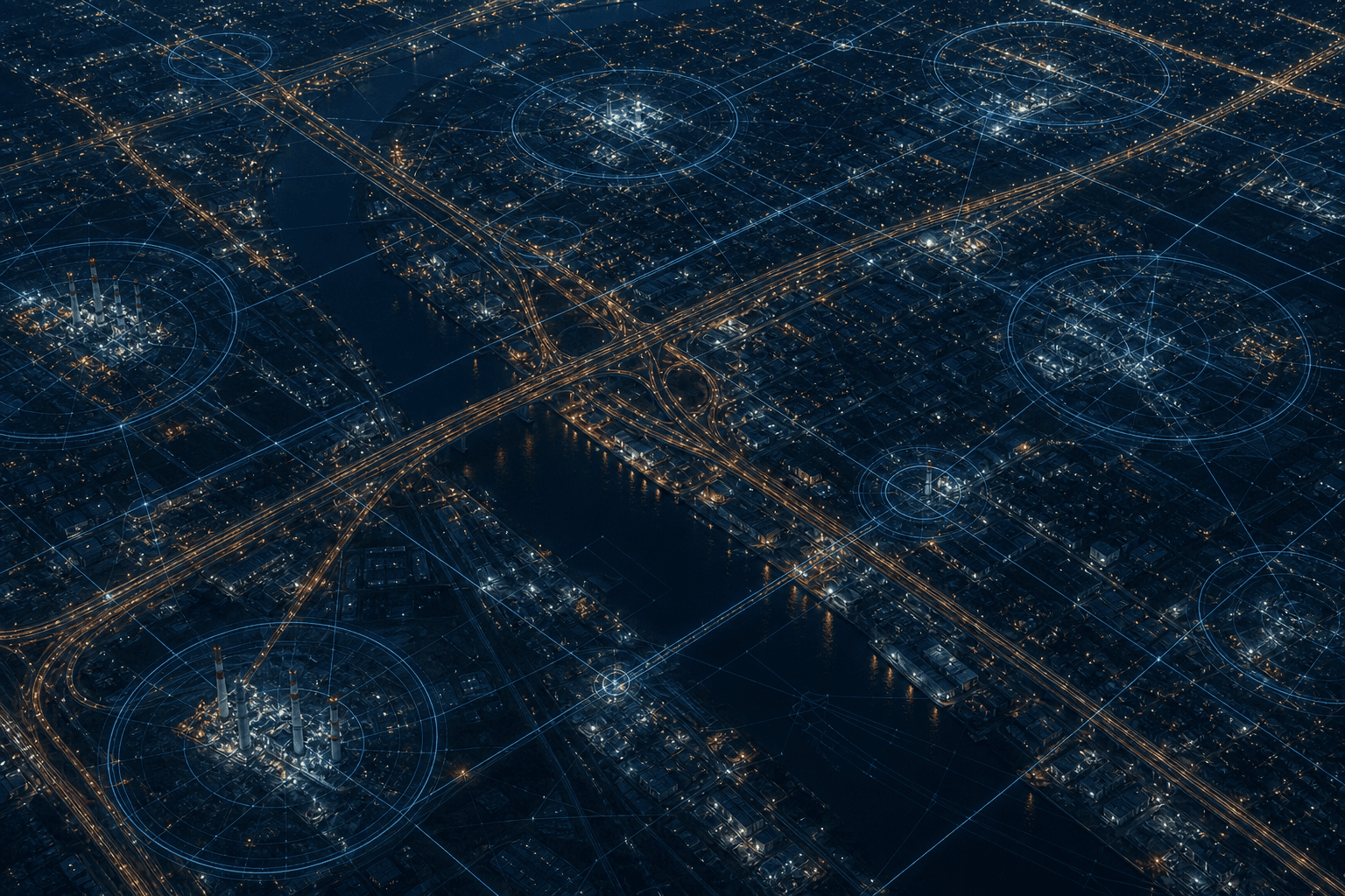 Night-time aerial view of urban infrastructure with monitoring overlays