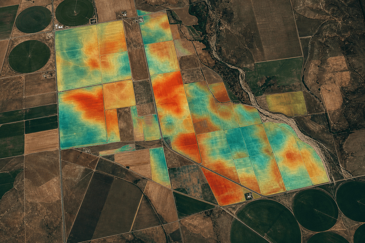 Agricultural parcels from above with water-stress mapping overlay