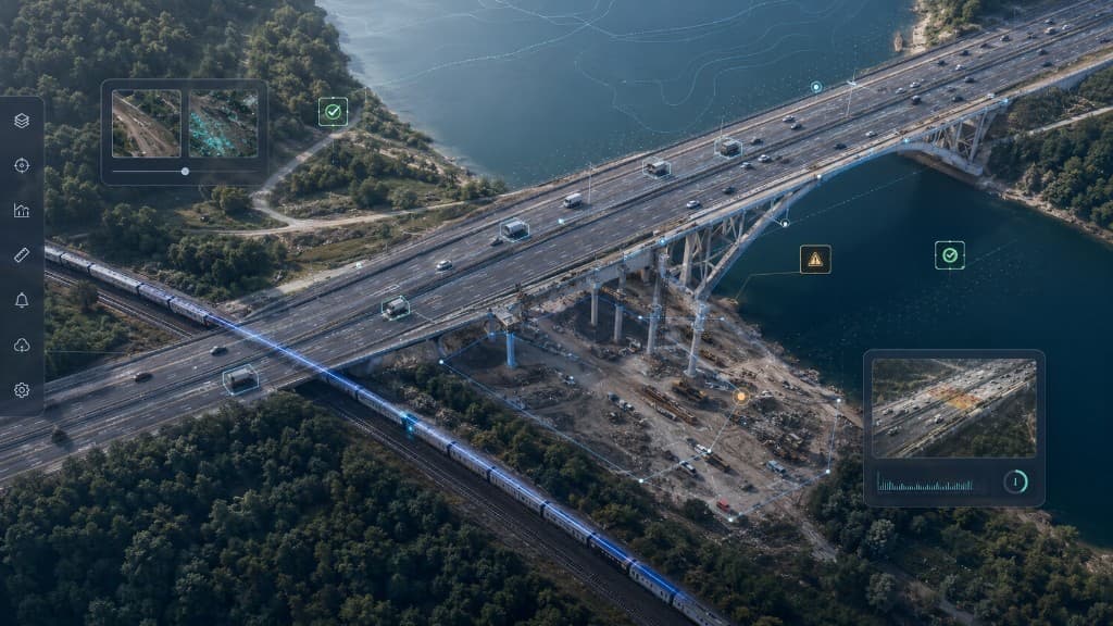 Orion interface: infrastructure monitoring (bridge, rail) with AI overlays and heatmap